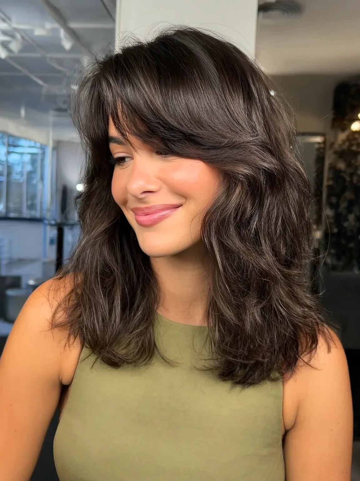 Rich Espresso Brown Layered Lob with Side-Swept Bangs